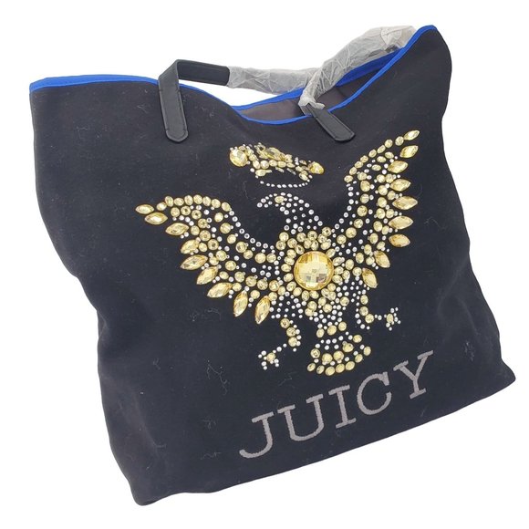 NEW Juicy Couture Eagle Wool Black Blue Gold Women's Bag Purse Handbag Tote NWT - Picture 2 of 16